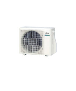 Fujitsu heat pump outdoor unit with a sleek, rectangular design. The unit features a prominent grille covering the fan, with Fujitsu’s logo on the top left. It is mounted on an outdoor wall, showcasing its compact and modern aesthetic, designed for energy-efficient heating and cooling