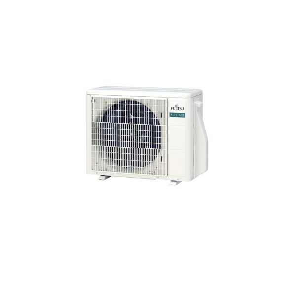 Fujitsu heat pump outdoor unit with a sleek, rectangular design. The unit features a prominent grille covering the fan, with Fujitsu’s logo on the top left. It is mounted on an outdoor wall, showcasing its compact and modern aesthetic, designed for energy-efficient heating and cooling