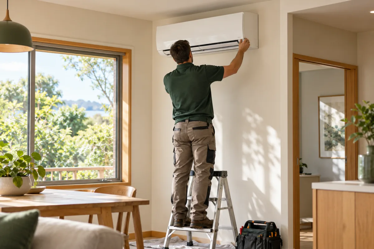 Illustration of a technician checking a wall-mounted indoor heat pump